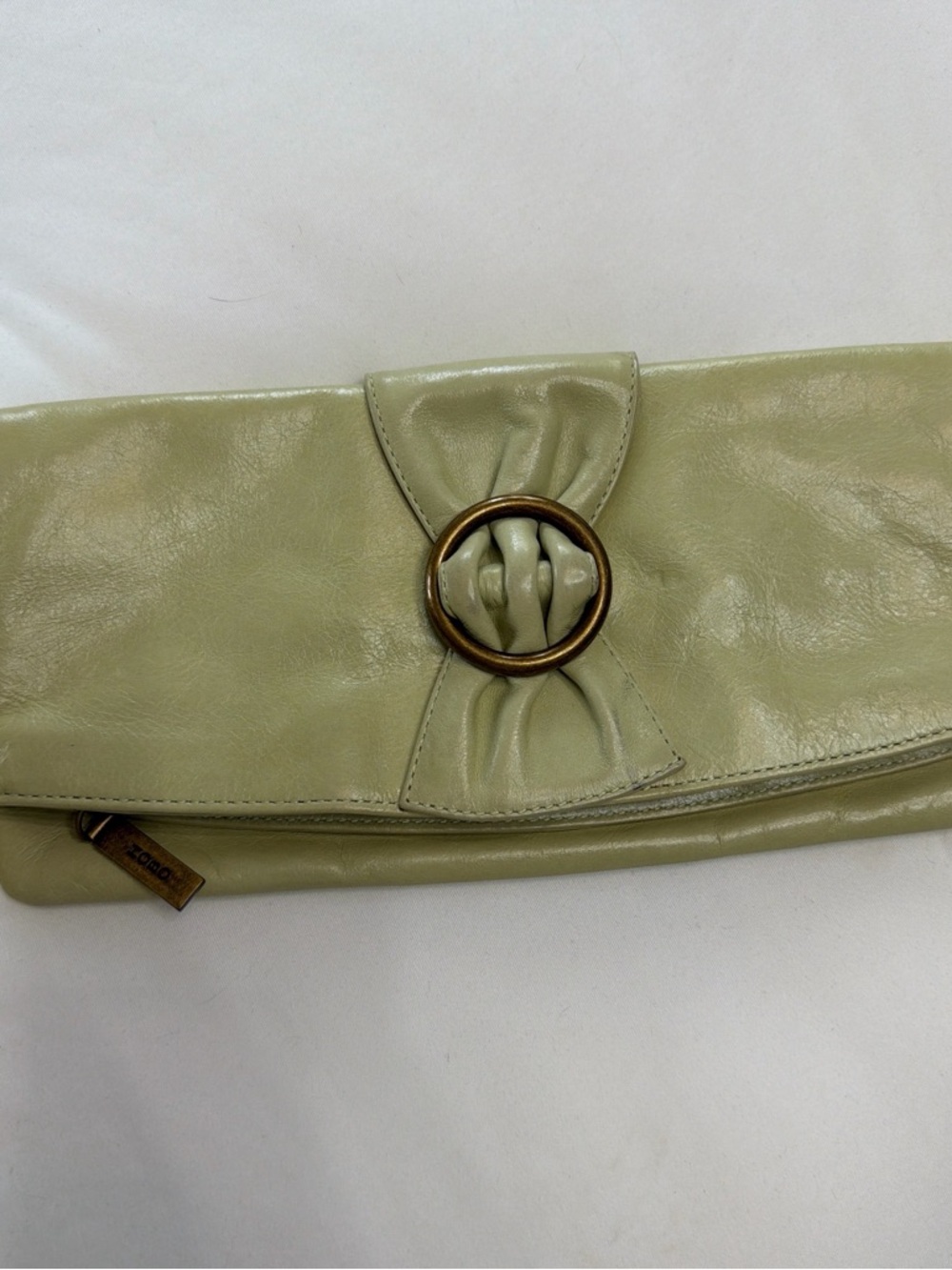 HOBO Sage Green Leather Fold-Over Clutch with Brass Ring